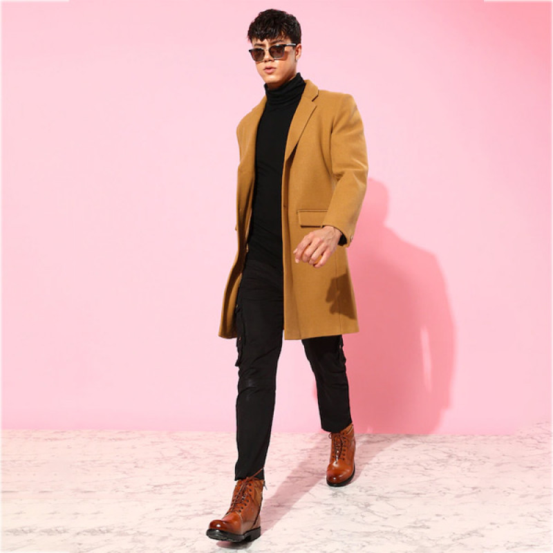 Men Solid Notched-Lapel Regular Fit Leather Overcoat